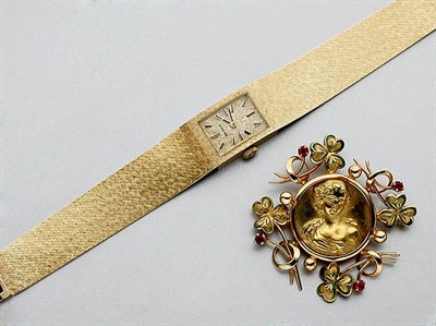 Lot 519 - Gold Wristwatch and Gold, Enamel and Synthetic Ruby Brooch