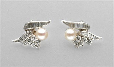 Lot 3318 - Pair of Cultured Pearl and Diamond Earclips
