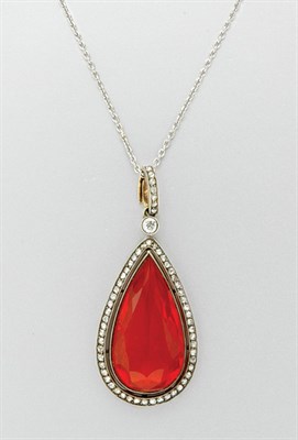 Lot 3414 - Antique Fire Opal and Diamond Pendant with Chain