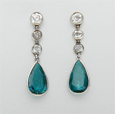 Lot 3413 - Pair of Emerald and Diamond Pendant Earrings