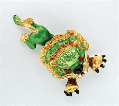 Lot 3341 - Enamel and Diamond Lion Clip Brooch