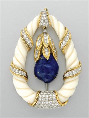 Lot 3361 - Fluted White Coral, Lapis and Diamond Pendant Brooch