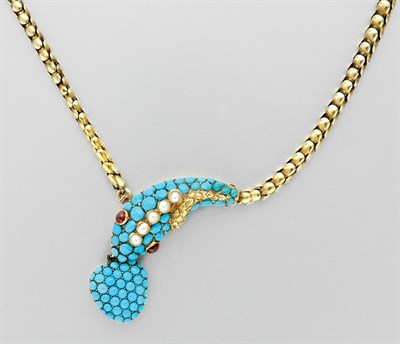 Lot 3366 - Antique Gold, Turquoise, Split Pearl and Cabochon Garnet Snake Necklace