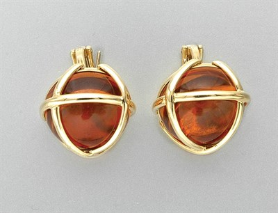 Lot 3370 - Pair of Gold and Cabochon Citrine Earclips