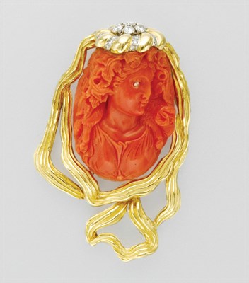 Lot 3392 - Gold, Carved Coral and Diamond Clip Brooch