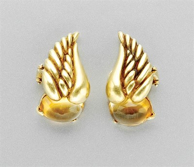 Lot 3396 - Pair of Gold and Cabochon Citrine Wing Earclips