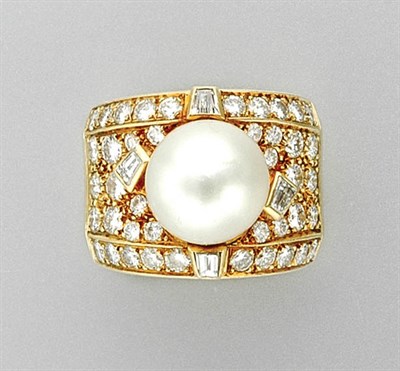 Lot 3399 - Cultured Pearl and Diamond Ring