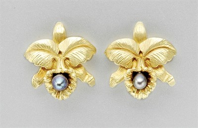 Lot 3402 - Pair of Gold and Black Cultured Pearl Flower Earclips