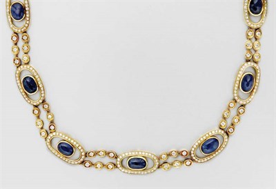 Lot 3405 - Gold, Cabochon Sapphire and Diamond Necklace
