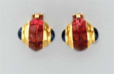 Lot 3407 - Pair of Gold, Pink Tourmaline and Cabochon Sapphire Earclips