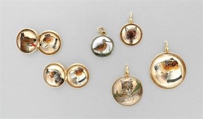 Lot 3390 - Gold and Reverse Crystal Intaglio Charms and Pair of Cufflinks