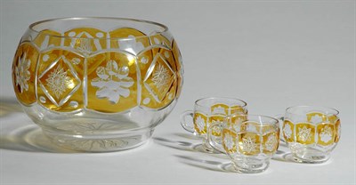 Lot 264 - Amber Cut to Clear Glass Punch Bowl with Ten...