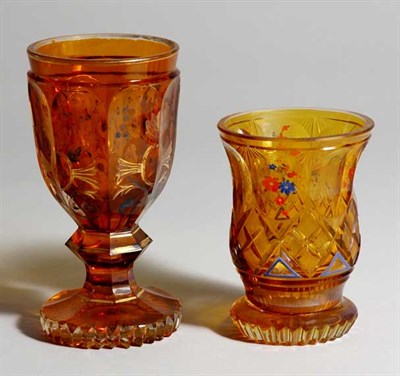 Lot 4717 - Two Bohemian Enamel Decorated Amber Glass Vases