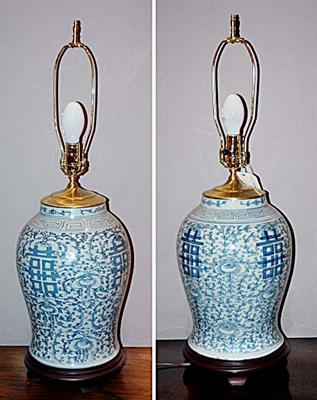 Lot 4459 - Pair of Chinese Blue and White Porcelain Lamps...