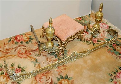 Lot 295 - Pair of Brass Andirons and a Fire Fender;...