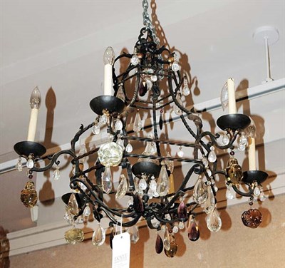 Lot 4425 - Scrolled Iron and Colored Glass Six-Light...