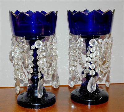 Lot 4357 - Pair of Gilt Decorated Cobalt Glass Prismed...