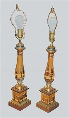 Lot 524 - Pair of Painted Wood and Brass Lamps Height 27...