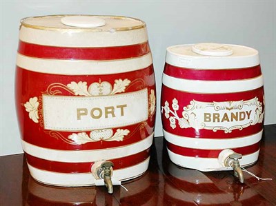 Lot 275 - Two Red and White Ceramic Liquor Barrels Port...