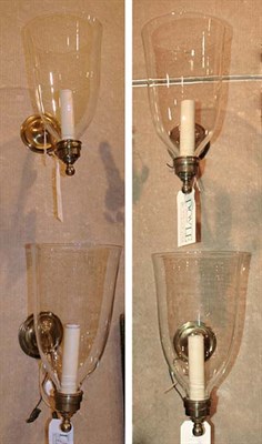 Lot 445 - Set of Four Brass Sconces with Hurricane Glass...