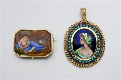 Lot 533 - Gold, Turquoise and Painted Enamel Pendant and Painted Mother-of-Pearl Pendant-Brooch