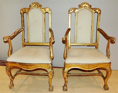 Lot 251 - Pair of Portuguese Rococo Gilt-Wood Armchairs...