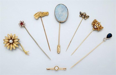 Lot 736 - Group of Gold, Diamond and Gem-Set Stick Pins and Two Pins