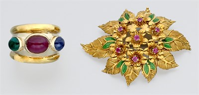 Lot 892 - Gold and Gem-Set Band Ring and Brooch