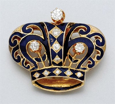 Lot 775 - Gold, Enamel and Diamond Crown Pendant-Brooch