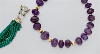 Lot 646 - Fluted Amethyst and Gold Bead Necklace and Dyed Green Chalcedony and Diamond Torsade Bracelet
