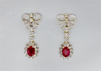 Lot 572 - Pair of Ruby and Diamond Pendant Earrings