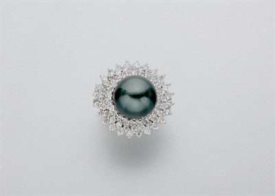 Lot 588 - Black Cultured Pearl and Diamond Ring