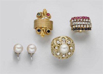 Lot 571 - Group of Gold, Cultured Pearl, Gem-Set and Diamond Jewelry