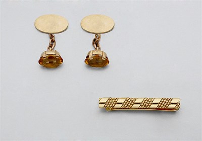 Lot 575 - Pair of Low Karat Gold and Citrine Cufflinks and Gold Tie Bar