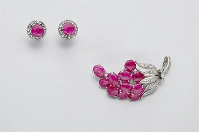 Lot 561 - Synthetic Ruby and Diamond Brooch and Pair of Earrings