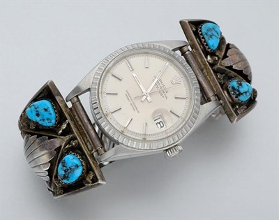 Lot 756 - Gentleman's Stainless Steel Wristwatch with American Indian Silver and Turquoise Expandable Metal Strap