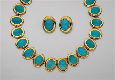 Lot 66 - Gold and Turquoise Necklace and Pair of Earclips