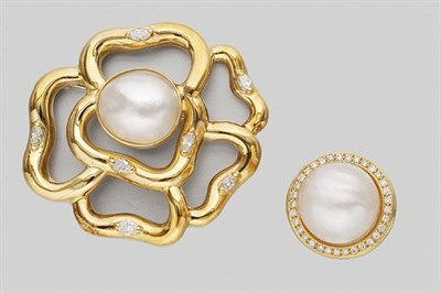 Lot 108 - Gold, Mabe Pearl and Diamond Ring and Brooch