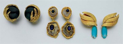 Lot 110 - Three Pairs of Gold and Stone Earclips