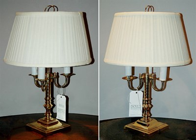 Lot 454 - Pair of Brass Three-Light Lamps Each with a...
