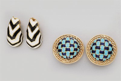 Lot 283 - Two Pairs of Gold and Enamel Earclips
