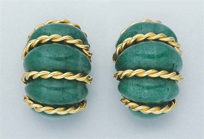 Lot 276 - Pair of Gold and Fluted Aventurine Quartz Earclips
