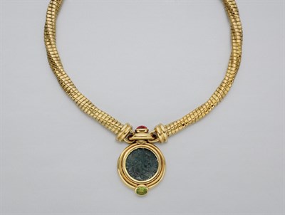 Lot 278 - Gold, Coin and Cabochon Peridot and Pink Tourmaline Pendant-Necklace