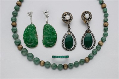 Lot 573 - Group of Silver and Jade and Nephrite Jewelry, Emerald Ring and Pair of Earrings