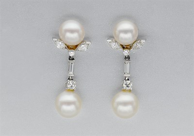 Lot 515 - Pair of Cultured Pearl and Diamond Pendant-Earrings