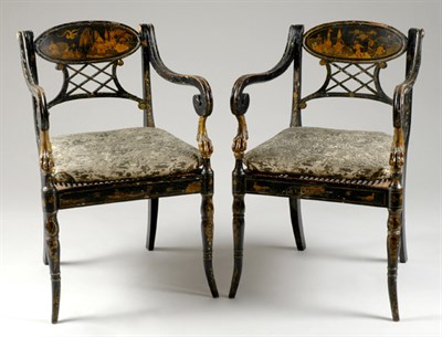Lot 1551 - Pair of Regency Gilt Decorated Black Lacquered...