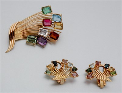 Lot 880 - Gold and Gem-Set Brooch and Pair of Earclips