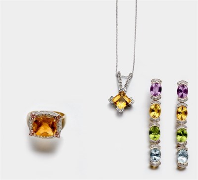 Lot 875 - Pair of Gem-Set and Diamond Pendant Earrings, Citrine and Diamond Ring and Pendant