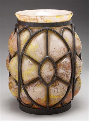 Lot 3448 - Unsigned Schneider Glass and Wrought Iron Vase...