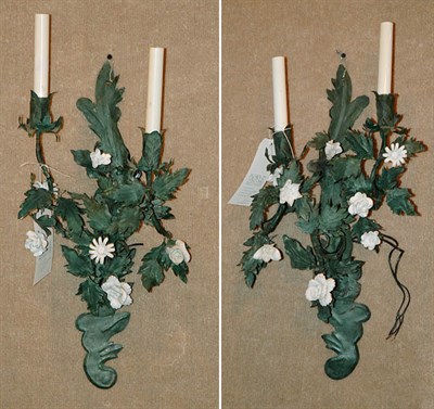 Lot 338 - Pair of Neoclassical Style Green Tole Sconces...